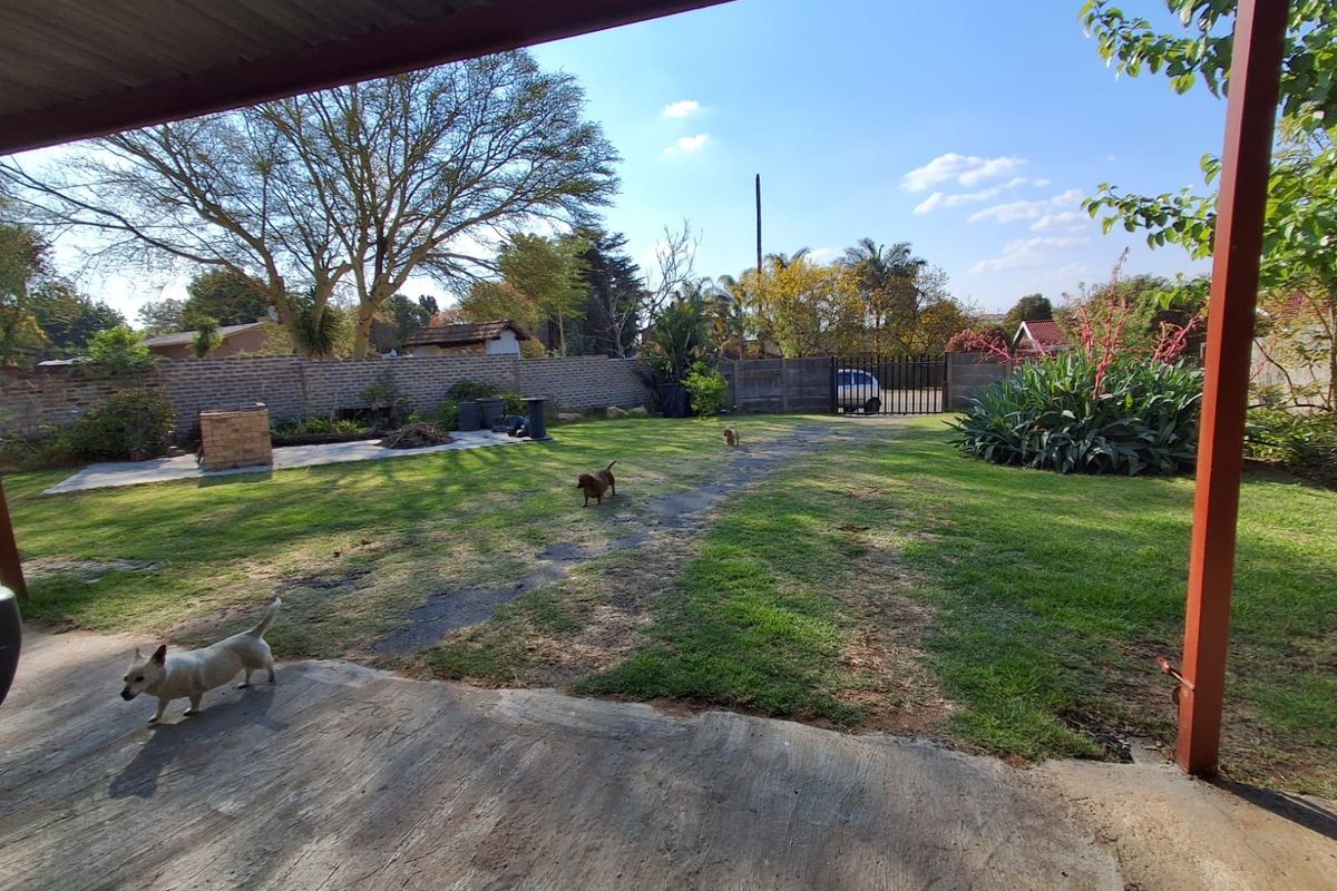 Spacious rear garden featuring a concrete patio, built-in brick braai, and perimeter brick boundary walls with a metal access gate.