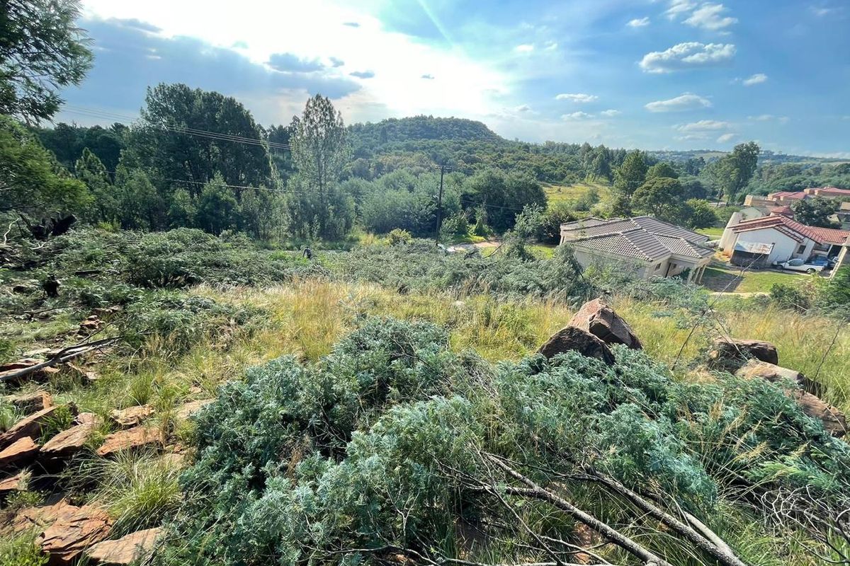 A scenic view overlooking a sloped, natural residential plot with rocky terrain, native vegetation, and surrounding landscape.