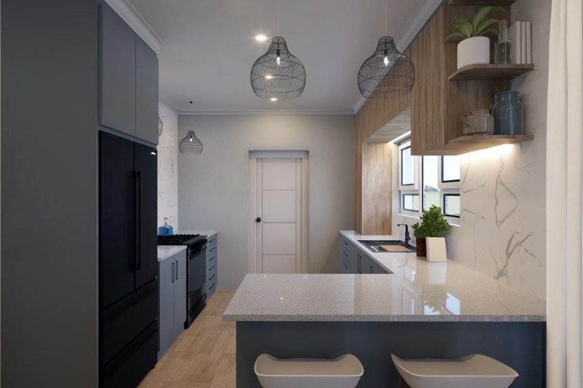 Modern kitchen featuring stone countertops, integrated cabinetry, built-in oven, and a breakfast bar with pendant lighting.