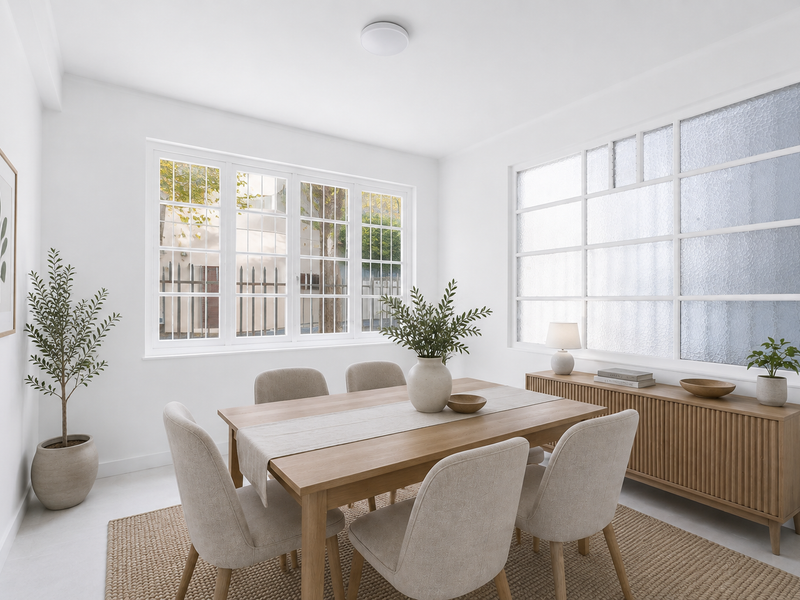 A bright and airy dining room featuring large multi-pane windows, textured glass detailing, and clean white finishes, creating a welcoming and modern atmosphere.