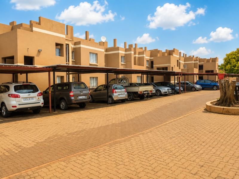 Exterior view of a townhouse complex featuring a paved driveway and covered carport parking bays for residents.