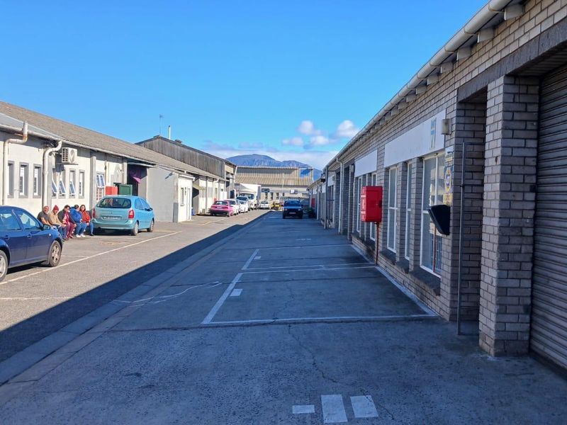 Exterior view of an industrial complex featuring brick facades, roller shutter doors, and a paved driveway with designated parking bays.