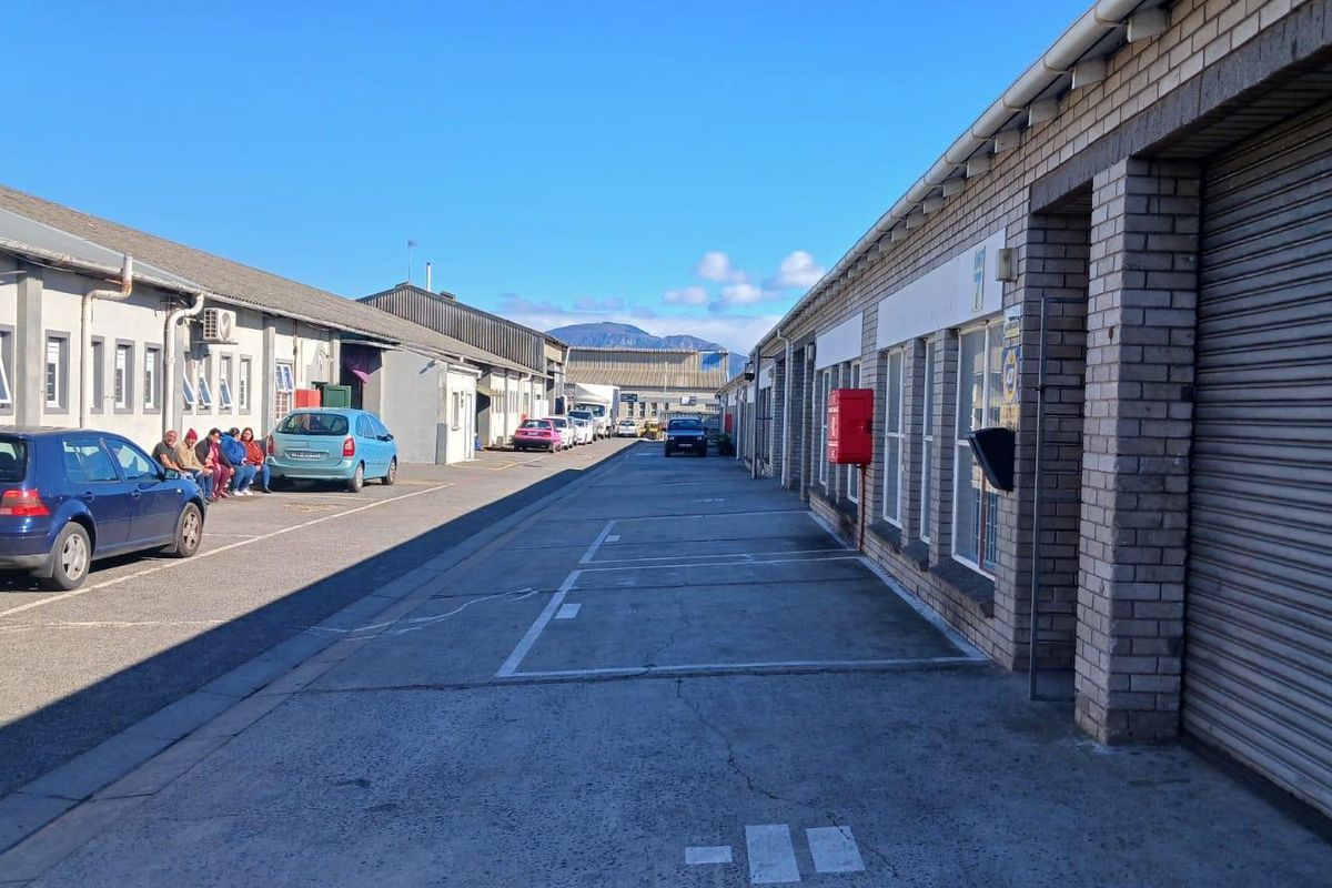 Exterior view of an industrial complex featuring brick facades, roller shutter doors, and a paved driveway with designated parking bays.