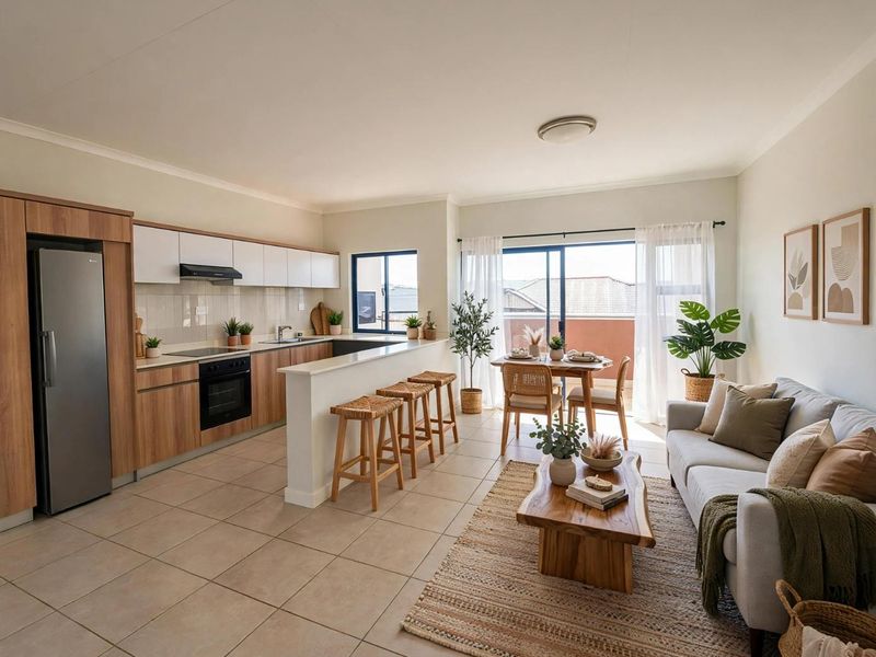 Modern open-plan kitchen and living area featuring wood-finish cabinetry, integrated appliances, tiled flooring, and direct access to a balcony through sliding glass doors.