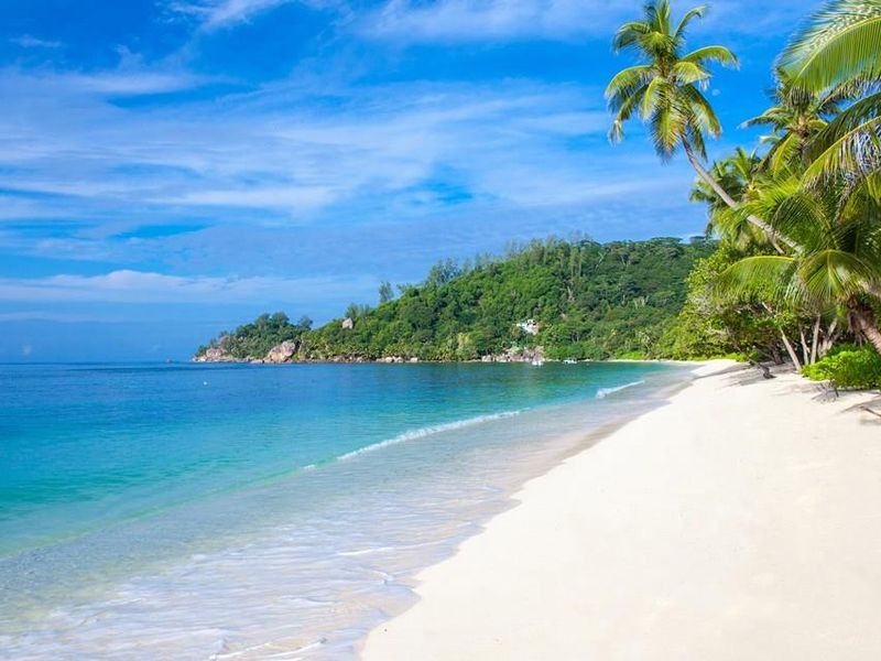 A scenic view of a pristine white sand beach with turquoise water and lush tropical vegetation, highlighting the natural beauty of the coastal location.