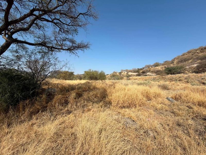 A view of a vacant commercial land plot featuring natural vegetation, dry grass, and rocky terrain under a clear blue sky.