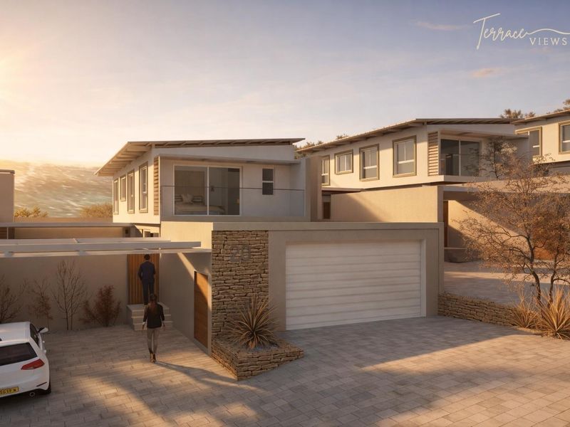 A modern townhouse exterior featuring stone cladding, a paved driveway, and a spacious garage, presented in a professional architectural rendering.