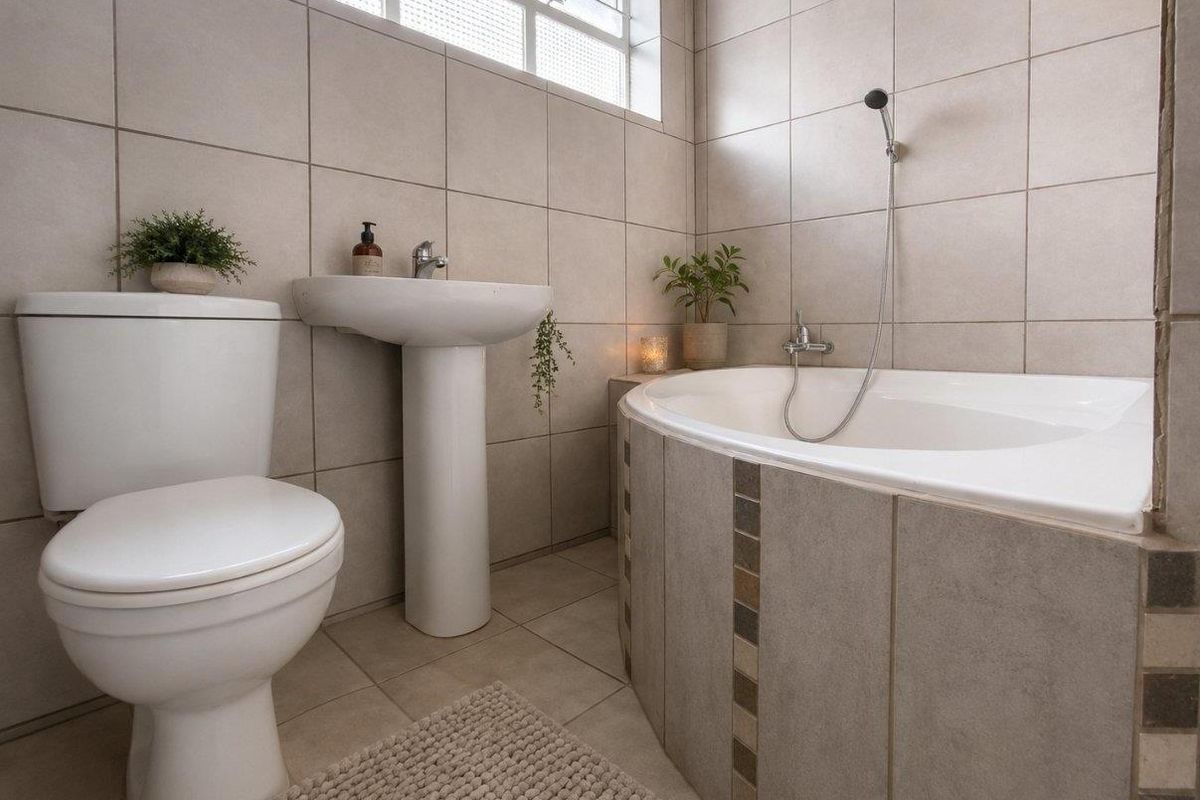 A well-maintained bathroom featuring a pedestal basin, toilet, and a built-in bathtub with a handheld shower mixer, finished with neutral wall and floor tiles.