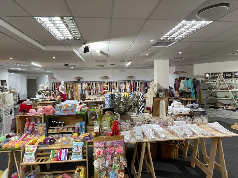 Open-plan retail space featuring a suspended ceiling with recessed fluorescent lighting and carpeted flooring, currently utilized for merchandise display.