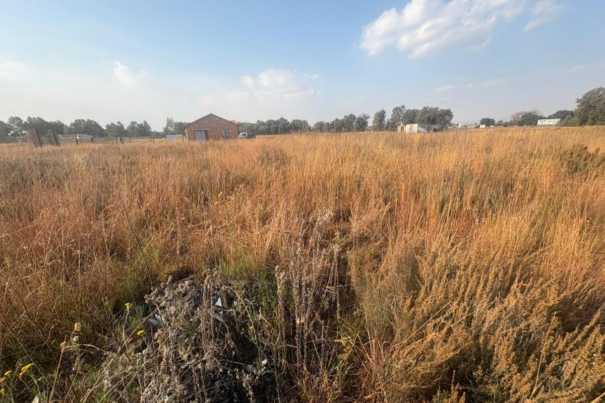 A wide-angle view of a vacant residential plot featuring tall, dry grass and distant structures on the horizon.