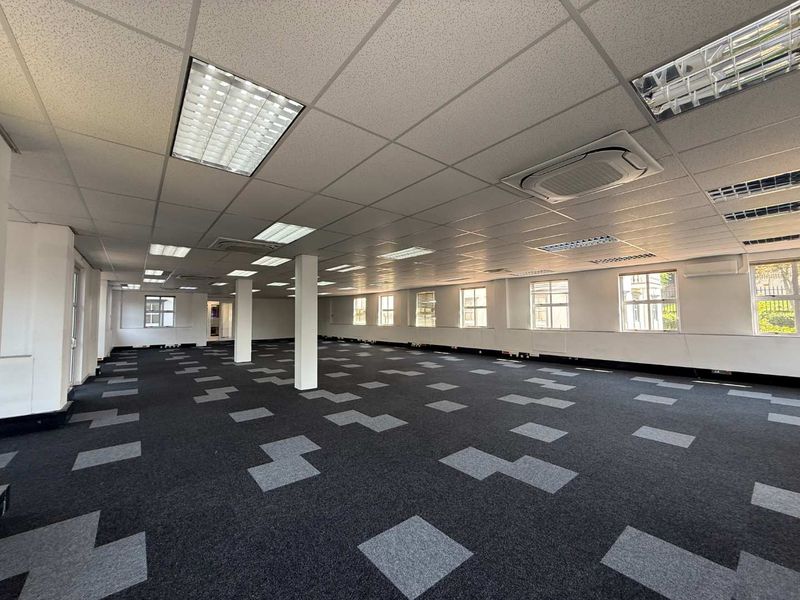 A spacious, open-plan office area featuring a suspended ceiling, recessed lighting, carpet tiles, and large windows providing ample natural light.