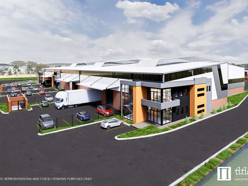 Architectural rendering of a modern industrial warehouse facility featuring large loading bays, expansive parking areas, and contemporary office facade design.