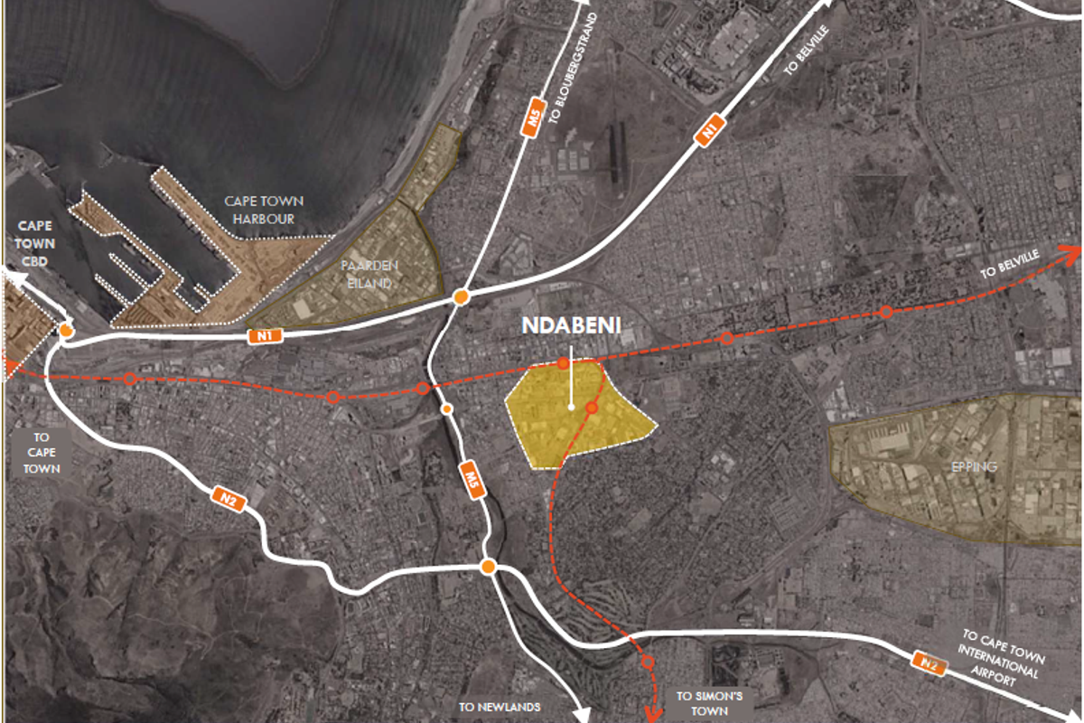 An aerial map showing the location of Ndabeni in relation to Cape Town's major transport routes and industrial hubs.