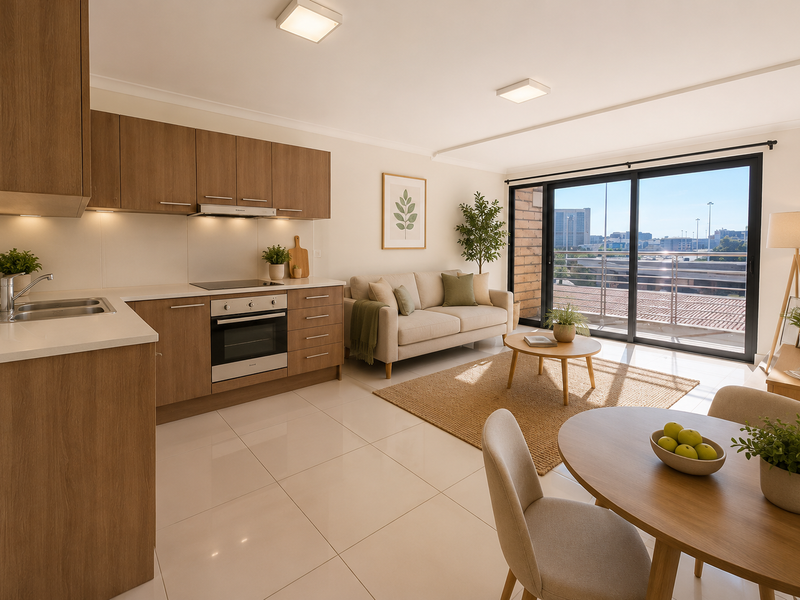 Modern open-plan apartment featuring a sleek kitchen with wood-finish cabinetry, integrated appliances, and seamless flow to a bright living area with balcony access.