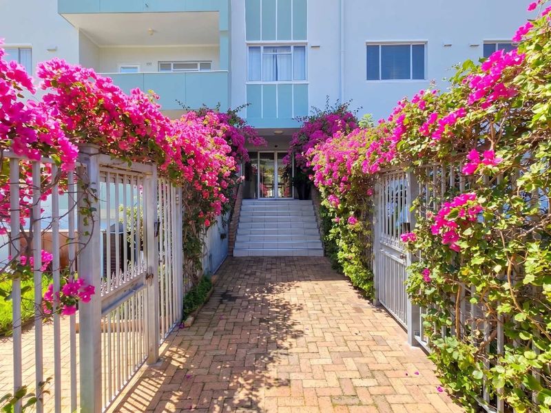 A welcoming front entrance featuring a paved walkway leading to a concrete staircase, framed by vibrant bougainvillea and secure metal gates.