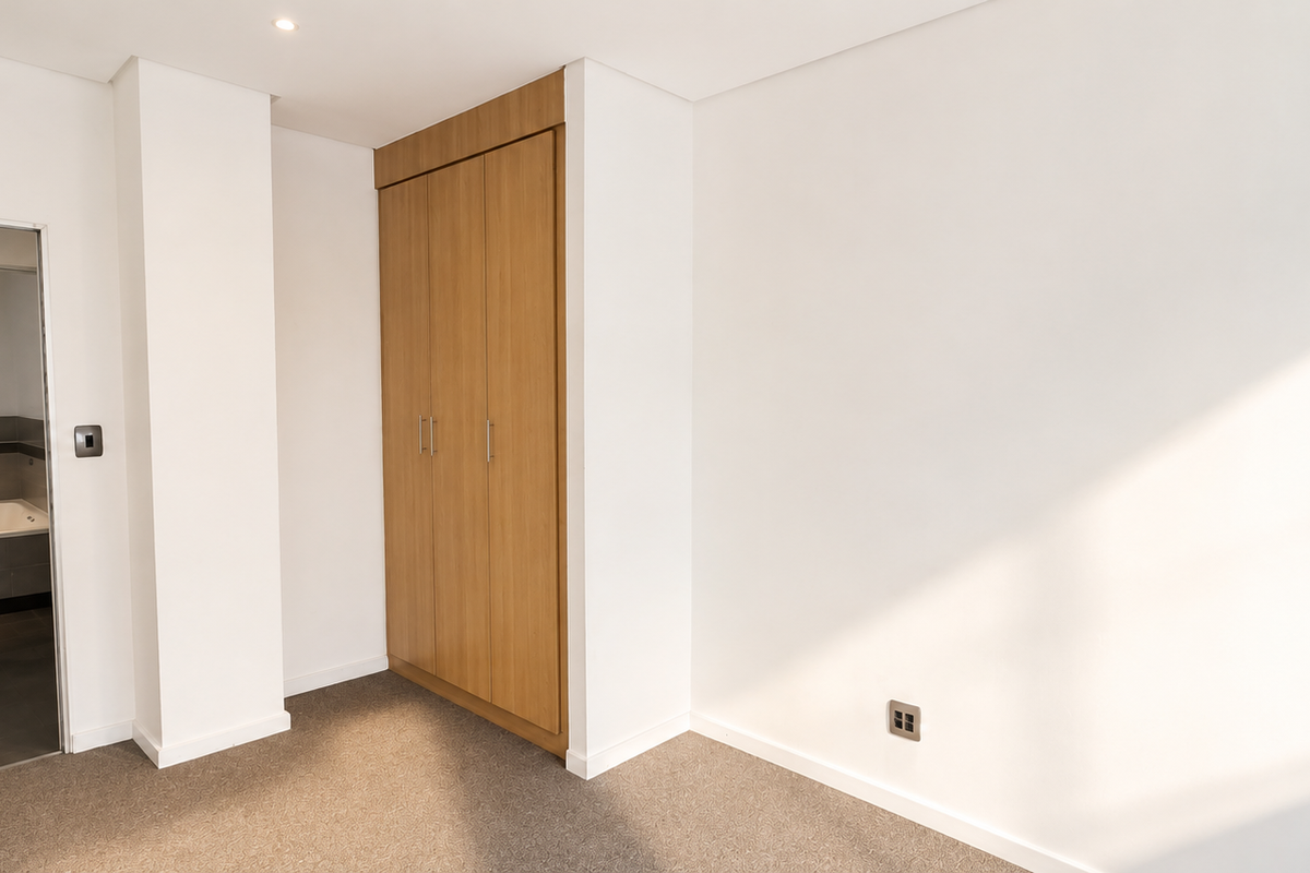 A bright, empty bedroom featuring neutral carpeted flooring, a built-in wooden wardrobe, and direct access to an en-suite bathroom.