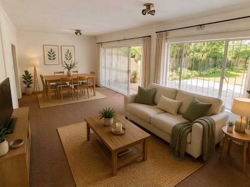 Spacious open-plan living and dining area featuring large windows and sliding glass doors that provide abundant natural light and direct access to the garden.