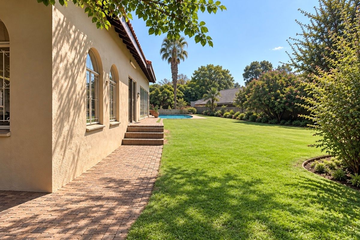 Spacious rear garden featuring a well-maintained lawn, brick paved walkway, and a swimming pool, providing an ideal outdoor entertainment area.