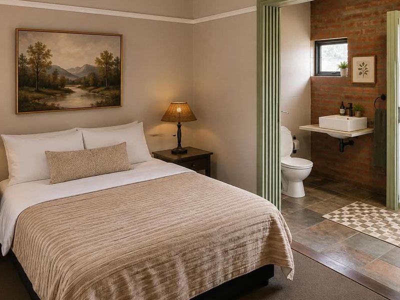 A well-maintained bedroom featuring an adjoining en-suite bathroom with exposed brick detailing, tiled floors, and a modern wall-mounted basin.
