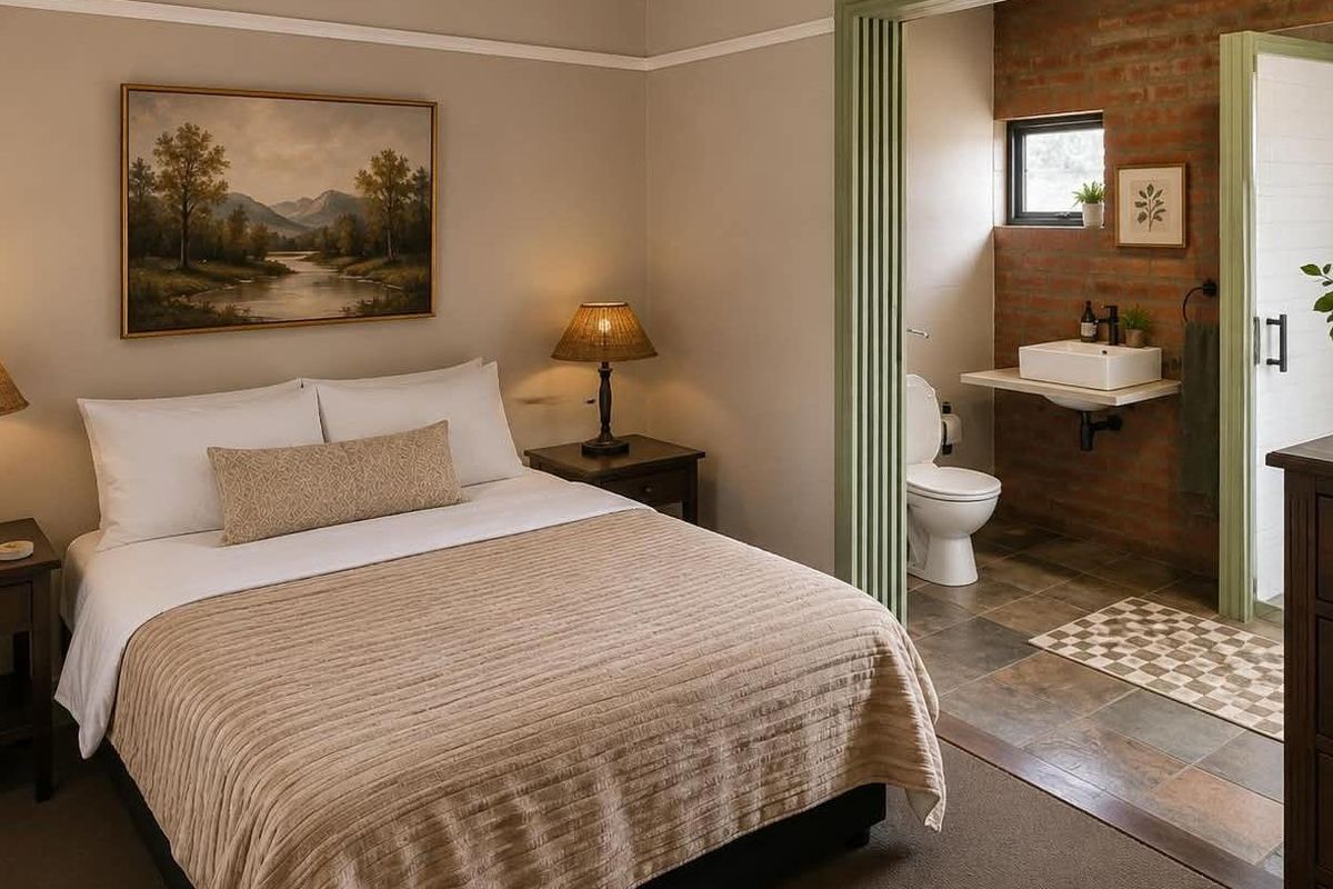 A well-maintained bedroom featuring an adjoining en-suite bathroom with exposed brick detailing, tiled floors, and a modern wall-mounted basin.