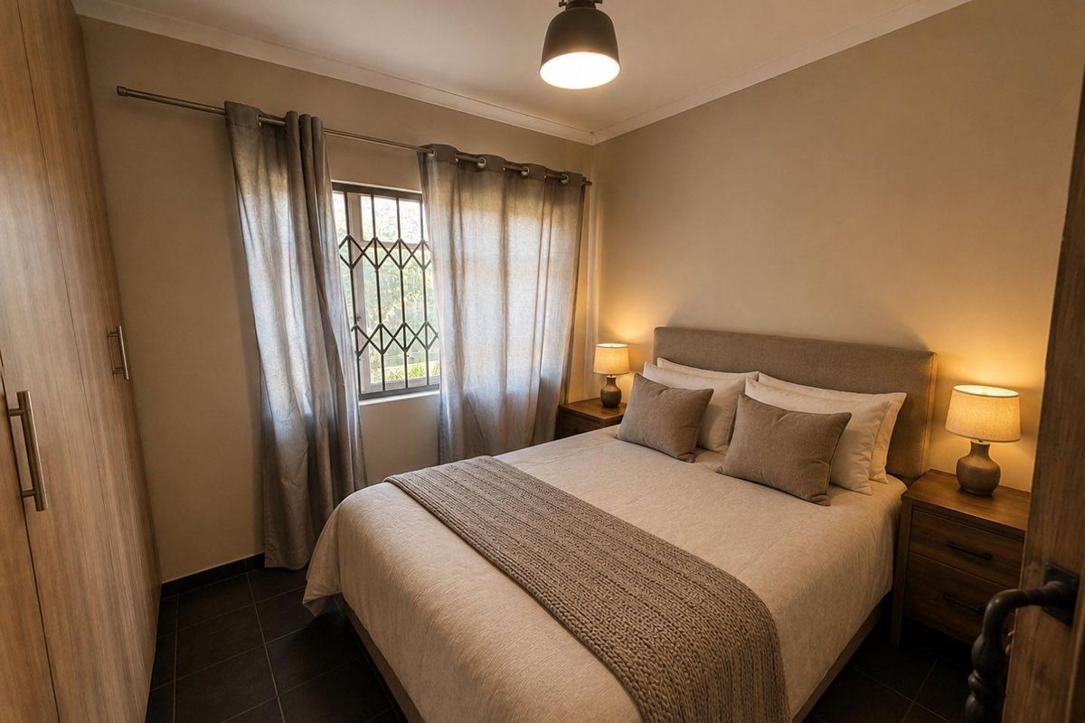 A well-maintained bedroom featuring built-in wooden cabinetry, dark tiled flooring, and a window fitted with a security gate.
