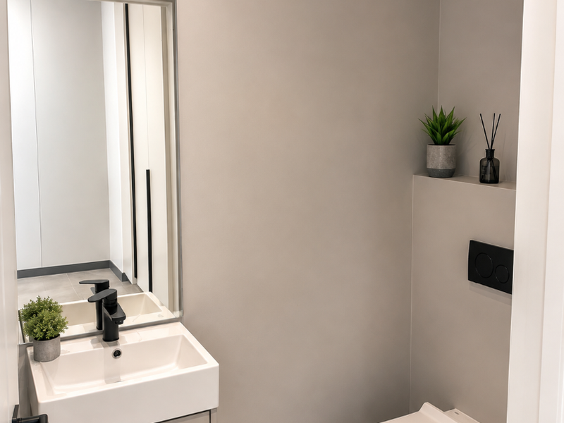 Modern guest bathroom featuring a wall-mounted toilet, sleek vanity cabinet with basin, black fixtures, and a large mirror.