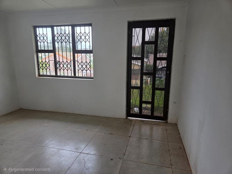 An empty living area featuring tiled flooring, a security gate, and window security bars, offering a blank canvas for potential interior design updates.