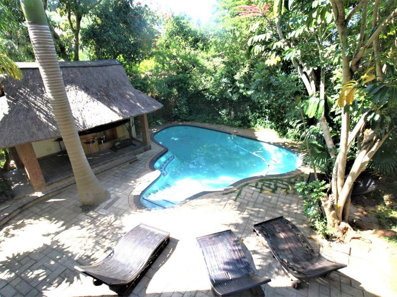 Outdoor pool area featuring a kidney-shaped swimming pool, a thatched lapa with a built-in bar, and paved patio space surrounded by mature trees.