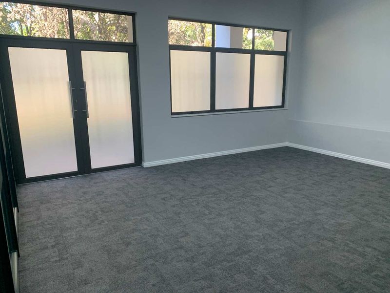 A bright, modern, and empty office space featuring grey carpet tiles, large aluminium-framed windows, and double glass doors providing natural light.