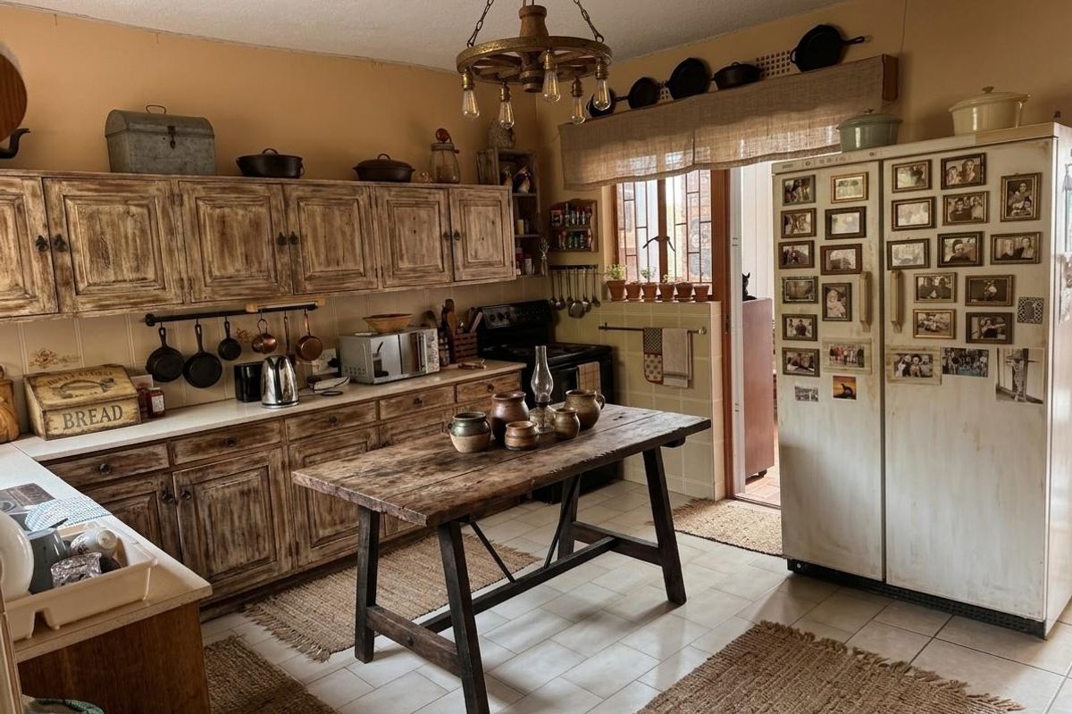 A rustic-style kitchen featuring wooden cabinetry, tiled flooring, and a central workspace, offering a warm and traditional aesthetic.