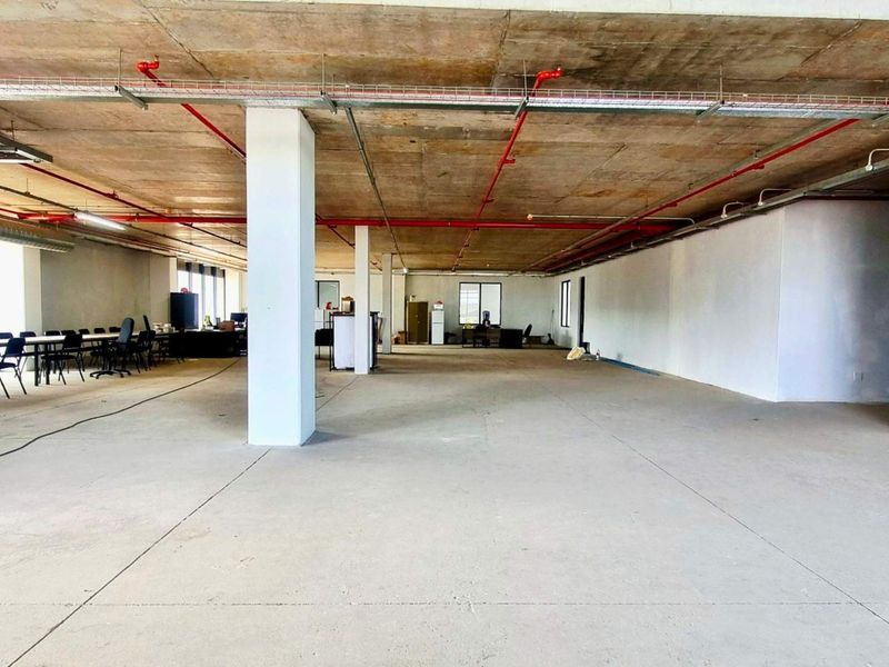 Spacious open-plan industrial office area featuring exposed concrete ceilings, fire sprinkler systems, and polished concrete flooring, offering a versatile blank canvas.