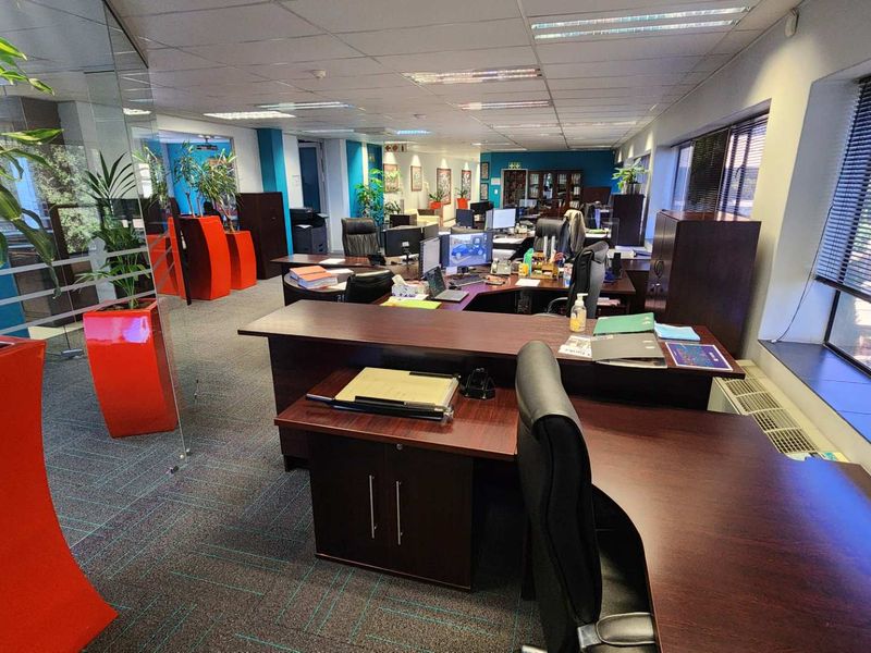 Spacious open-plan office area featuring suspended ceilings, recessed lighting, carpet tiles, and large windows with venetian blinds, providing a functional professional workspace.