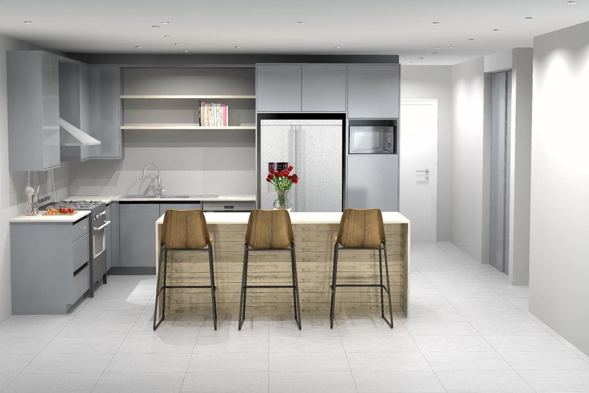 Modern kitchen featuring grey cabinetry, a central island with breakfast bar seating, integrated appliances, and sleek tiled flooring.