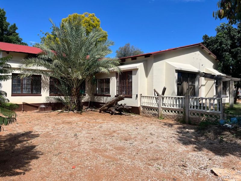 Rear view of a single-story house featuring a corrugated metal roof, concrete balustrade, and a covered patio area with established garden.
