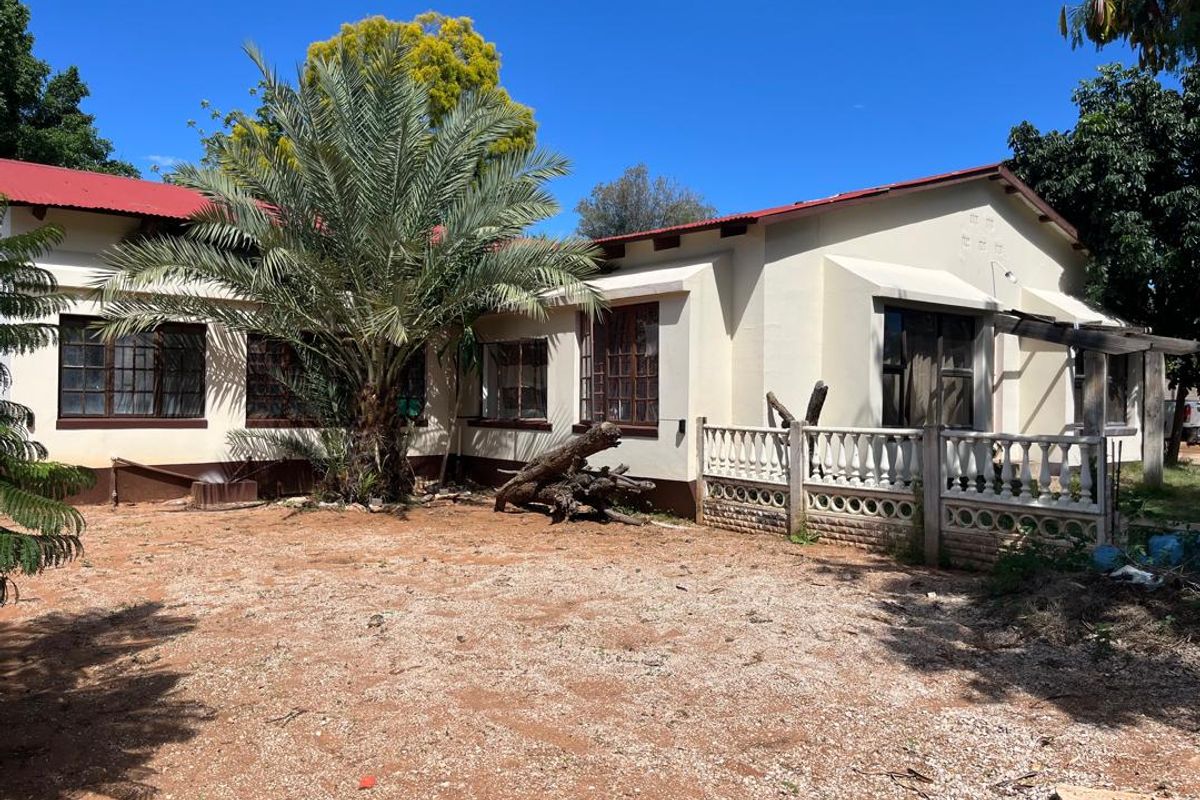 Rear view of a single-story house featuring a corrugated metal roof, concrete balustrade, and a covered patio area with established garden.