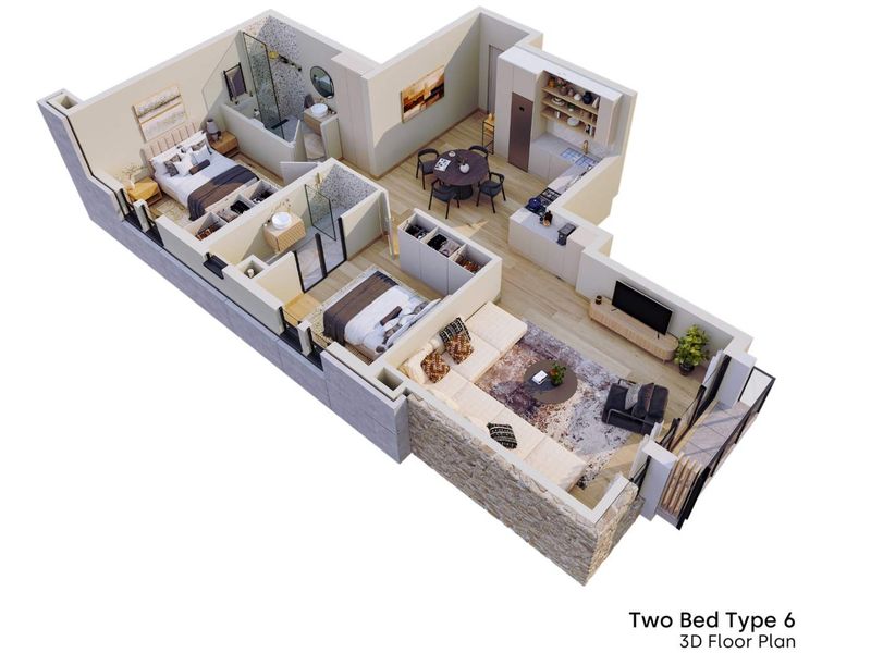 A 3D floor plan rendering of a two-bedroom apartment layout, showcasing the open-plan living area, kitchen, and bathroom configurations.
