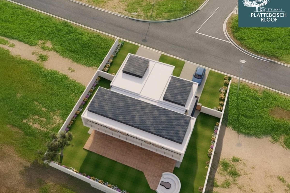 Aerial view of a modern residential property featuring a flat roof design, landscaped garden, and paved driveway within a planned estate.