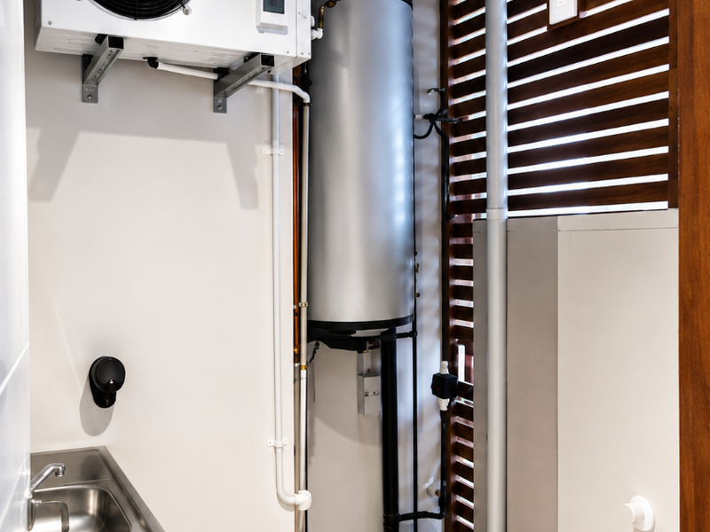 A clean and functional utility space featuring a wall-mounted heat pump, hot water cylinder, stainless steel sink, and slatted timber privacy screen.