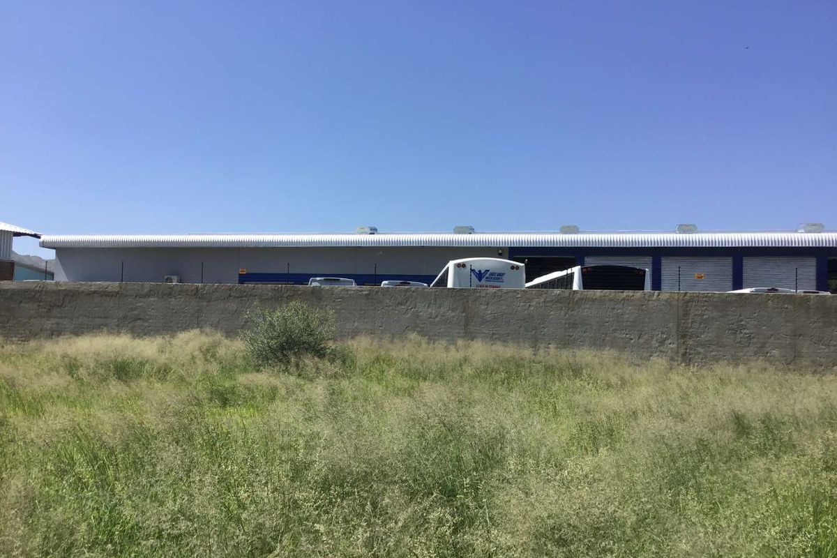 View of the rear commercial building facade featuring a perimeter wall and metal roofing, set behind an undeveloped grassy plot.