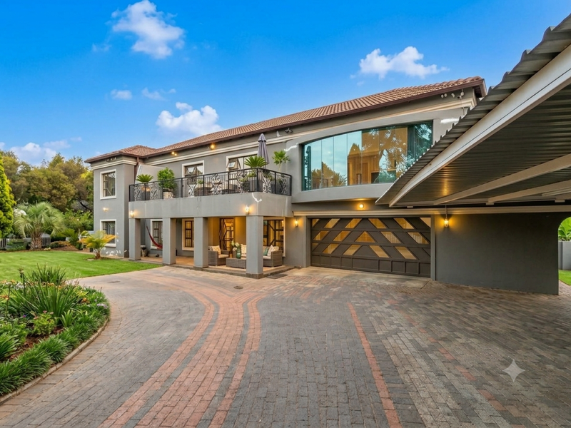 A well-maintained double-story residential property featuring a paved driveway, integrated double garage, covered carport, and an upper-level balcony with wrought iron railings.