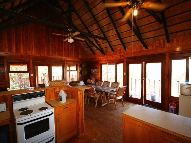 Open plan living and kitchen area featuring exposed timber rafters, thatched ceiling, timber wall cladding, and direct access to an outdoor deck.