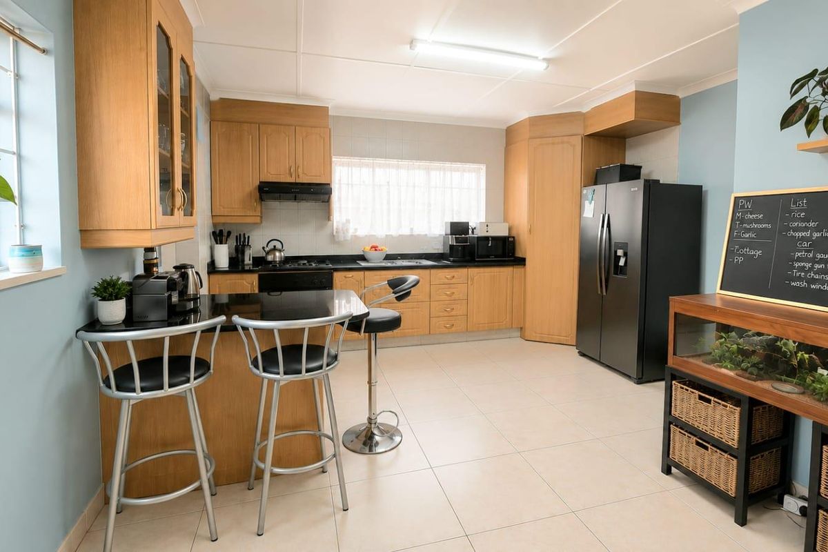 A functional kitchen featuring wooden cabinetry, black granite countertops, a breakfast nook, and tiled flooring, offering a practical layout for daily meal preparation.