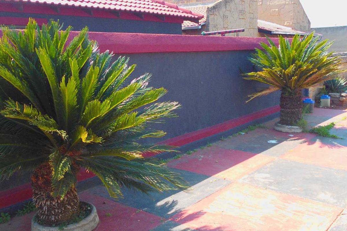 A rear exterior view showing a paved courtyard area with a boundary wall and tiled roof structure.