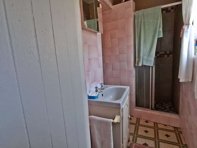 A compact bathroom featuring a vanity basin, shower enclosure, and dated pink wall tiling throughout.