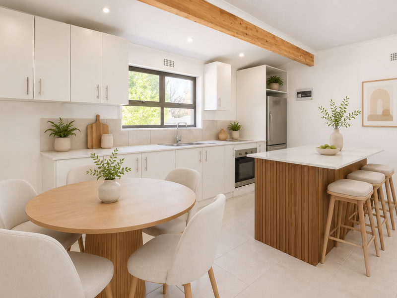 Modern open-plan kitchen and dining area featuring white cabinetry, stone countertops, a timber-accented island, and an exposed wooden ceiling beam.