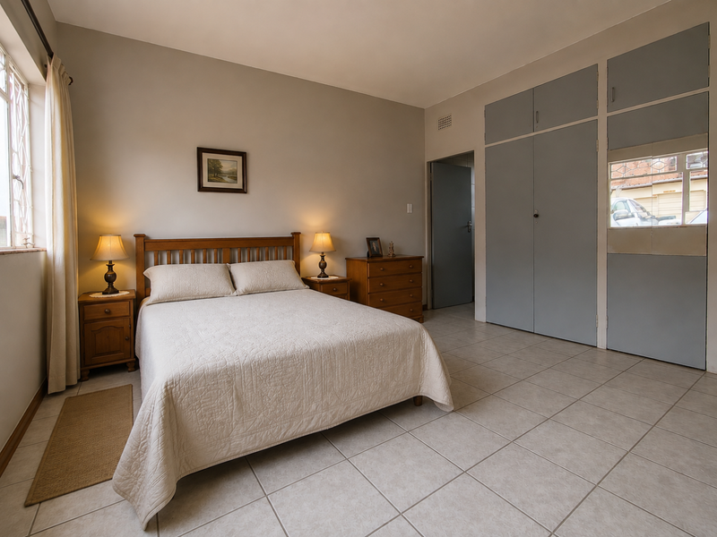A spacious bedroom featuring neutral tiled flooring, built-in cupboards with integrated mirror, and large windows with security bars.