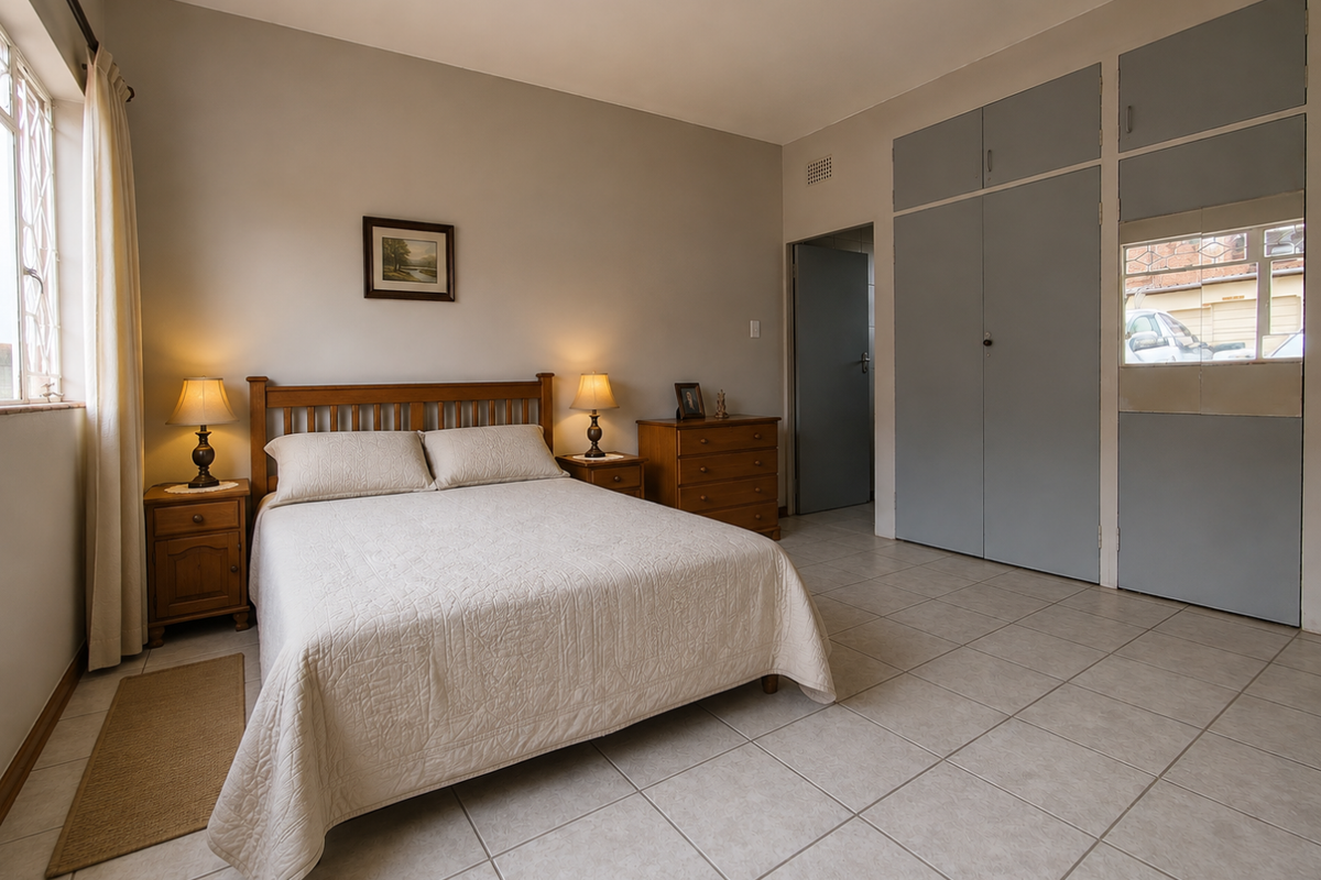 A spacious bedroom featuring neutral tiled flooring, built-in cupboards with integrated mirror, and large windows with security bars.