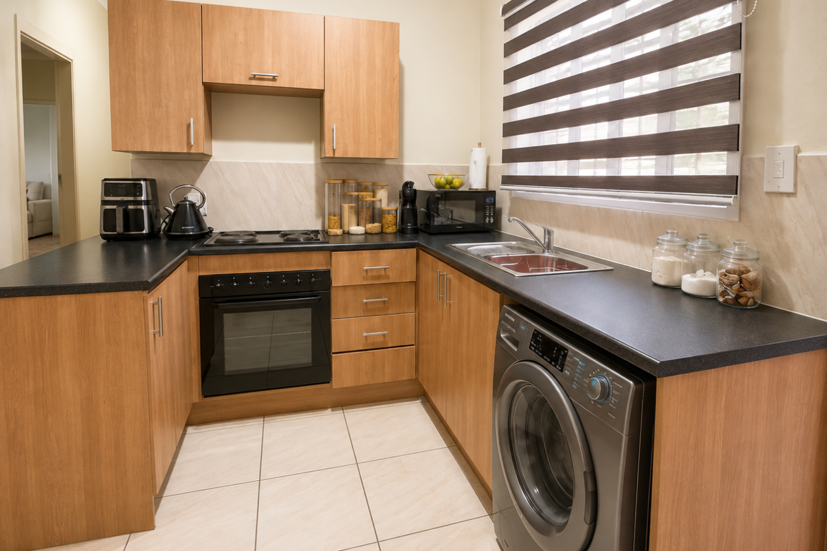 A functional kitchen featuring light wood-look cabinetry, dark laminate countertops, tiled backsplash, and integrated appliances including an oven and hob.