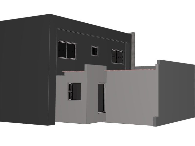 A 3D architectural render showing the rear elevation of a modern two-story house with grey exterior finishes and multiple window installations.