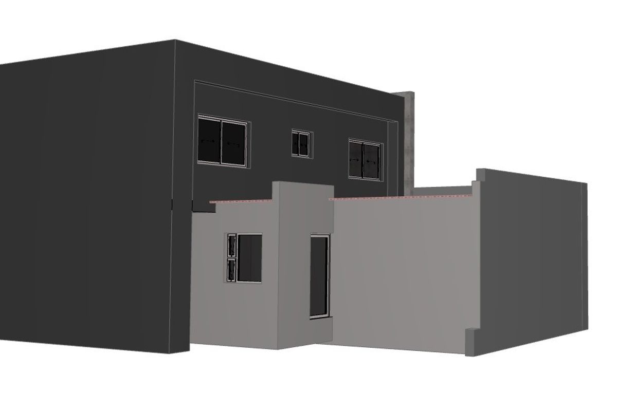 A 3D architectural render showing the rear elevation of a modern two-story house with grey exterior finishes and multiple window installations.